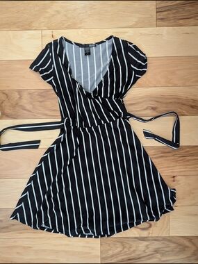 Rebel Sugar Black & White Vertical Stripe Faux Wrap Mini Dress